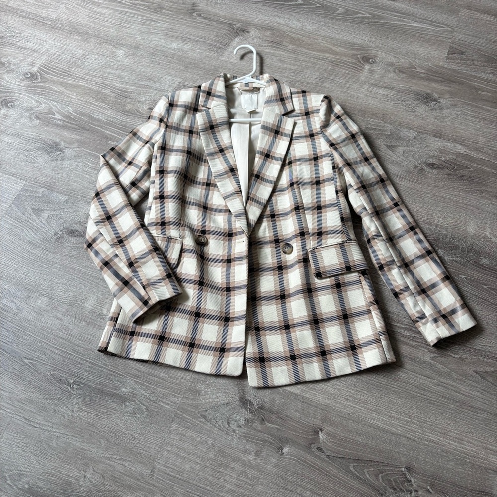 H&M Checkered Blazer in Cream and Brown